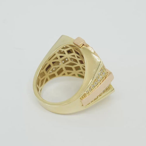 14KT Gold Ring Men's Square Raised Two Tone Oval Virgin Mary with Sunray Background and Corner Design One Green CZ Stone Shank Design Double Row White CZ Stone Interlocking Top/Side Cross