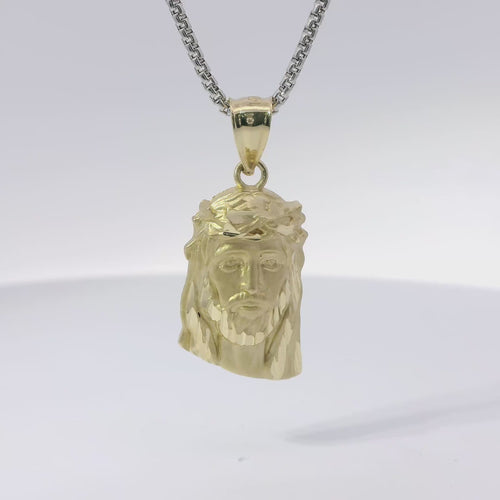 14KT Gold Charm Extra Small Diamond Cut Slant Bottom Jesus Head Front Portrait with Plain Bell