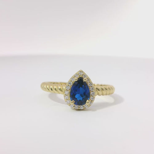 14KT Gold Ring Women's Navy Blue Pear Shape Center CZ Stone White CZ Stones Border Plain Rope Band
