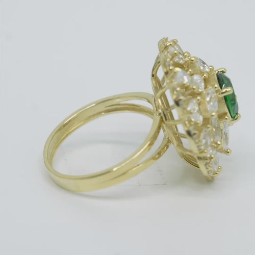 14KT Gold Ring Women's Flower Dark Green Round Center CZ Stone White Pear/Marquise Petals with Round White CZ Stones Border and Plain Split Band