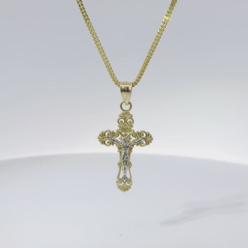 14KT Gold Charm Small Two Tone Ornate Crucifix Cross with Plain Bell