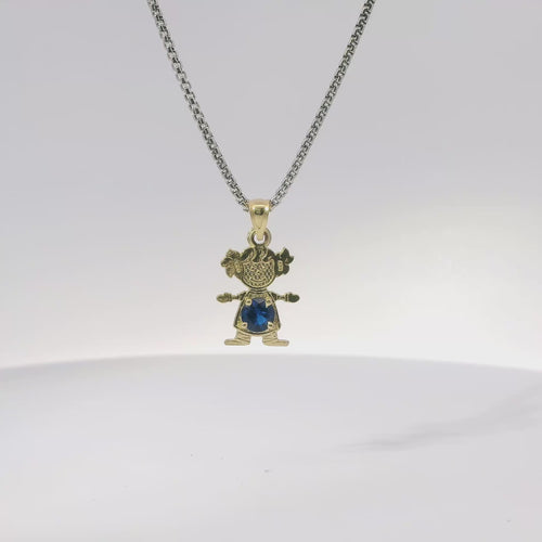 14KT Gold Charm Girl with Royal Blue CZ Stone Belly and Plain Bell