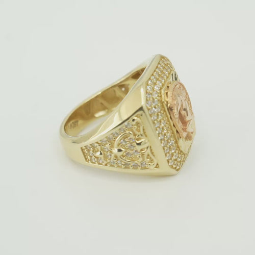 14KT Gold Ring Men's Two Tone Rectangular Raised Horseshoe with Sunray Background and Double Row White CZ Stone Border Band Design Raised Reins and Saddle