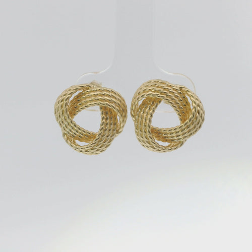 14KT Gold Earrings Medium Open Center Four Strand Plain Flattened Plain Braided Notched Cords Knot with Push Back Post and Butterfly Backs