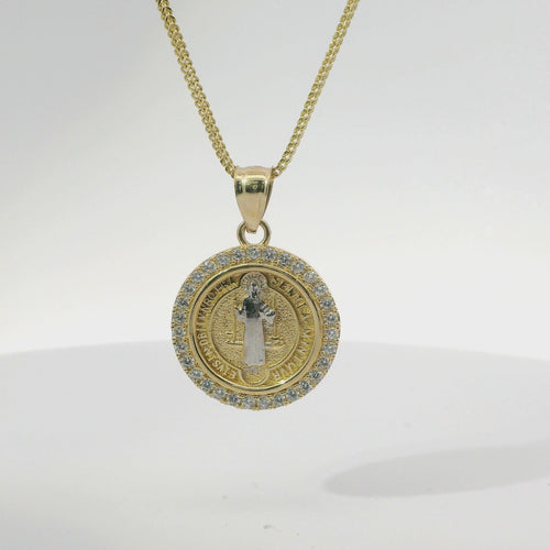14KT Gold Charm Small Round Two Tone St Benedict Coin with White CZ Stones Border and Plain Bell