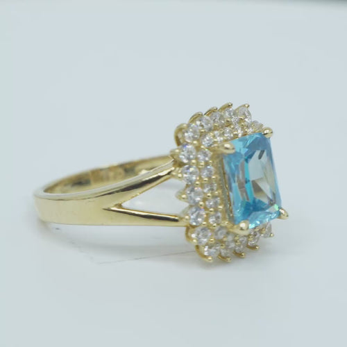 14KT Gold Ring Women's Rectangle Turquoise CZ Center with Round Double White CZ Stones Border and Plain Split Band