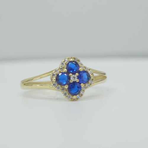 14KT Gold Ring Women's Mini Four Petal Flower Navy Blue Petals with White CZ Center Stone and Border Plain Split Band