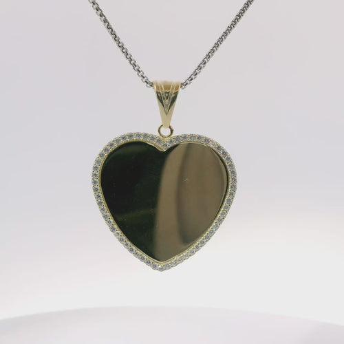14KT Gold Charm Large Flat Plain Engravable Heart with White CZ Stones Border and Plain Bell