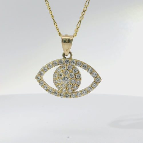 14KT Gold Charm Medium White CZ Stones Evil Eye Outline with Plain Bell