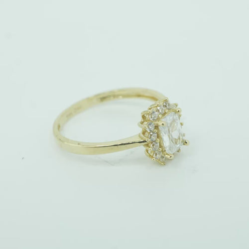 14KT Gold Ring Women's Flower White Rectangle Center CZ Stone with White CZ Stone Petal Borders and Plain Band