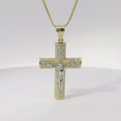 14KT Gold Charm Large Two Tone Five Row White CZ Stones Crucifix Cross with Plain Bell