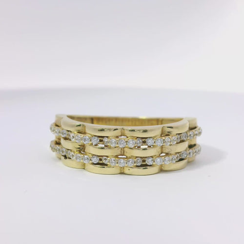14KT Gold Ring Women's Band Five Row Basket Weave with Double Row of Round White CZ Stones