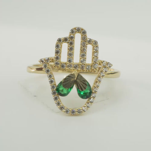 14KT Gold Ring Women's Hand 2 Dark Green Pear Center CZ Stones with White CZ Stones Borders and Plain Band