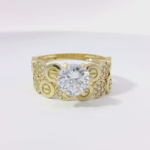 14KT Gold Ring Women's Duo 6 Prong White CZ Stone Solitaire with Alternating White CZ Stones Round Seven Stone Clusters and Mock Screw Scallop Edge Band with Separate Band