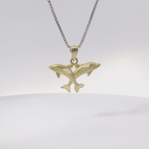 14KT Gold Charm Two Medium Diamond Cut Jumping Dolphins with Plain Bell