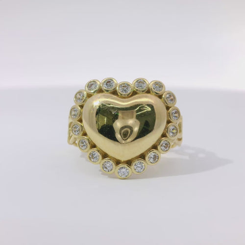 14KT Gold Ring Women's Plain Puff Heart with 18 White CZ Stones Border Chino Link Band