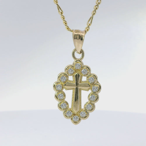 14KT Gold Charm Small Plain Center Cross with White CZ Stones Pointed Oval Border and Plain Band