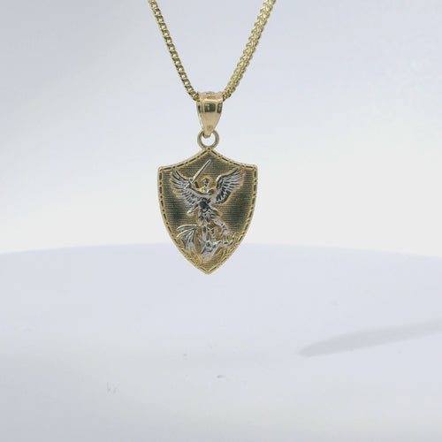 14KT Gold Charm Small Two Tone St Michael Shield Shape Coin with White Gold Diamond Cut Wings and Plain Bell