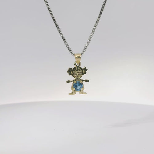 14KT Gold Charm Girl with Turquoise CZ Stone Belly and Plain Bell