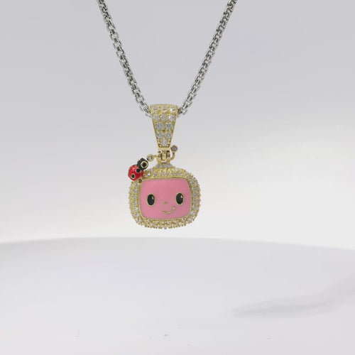 14KT Gold Charm Small 3D Enamel CoCo Melon Face Flat Back with White CZ Stones Border and Bell