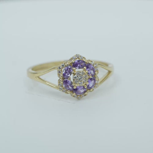 14KT Gold Ring Women's Flower Mini 6 Purple Oval Petals with Round White CZ Stones Center and White CZ Stone Leaf Outline Border and Plain Split Band