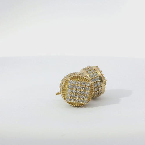 14KT Gold Earrings Small Round Cylinder White CZ Stones Square Cluster Center, Currency Border, Double Row White CZ Stones Edge, Push Back Post and Butterfly Backs