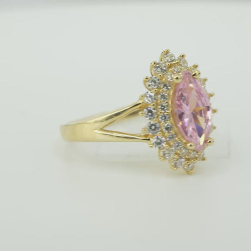 14KT Gold Ring Women's Marquise Pink Center CZ with Round Double CZ Border Plain Split Band