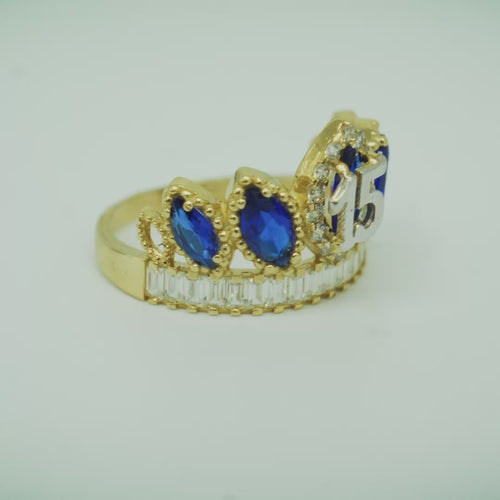 14KT Gold Ring Women's "15" Quinceanera Crown Navy Blue CZ Stones with White Baguette CZ Stones Band Plain Shank