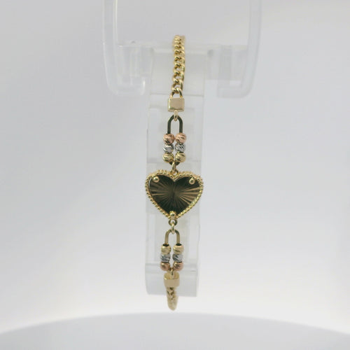 14KT Gold Bracelet Miami Cuban Plain Sunray Heart with Three Tri Tone Beads Center Coin 3mm