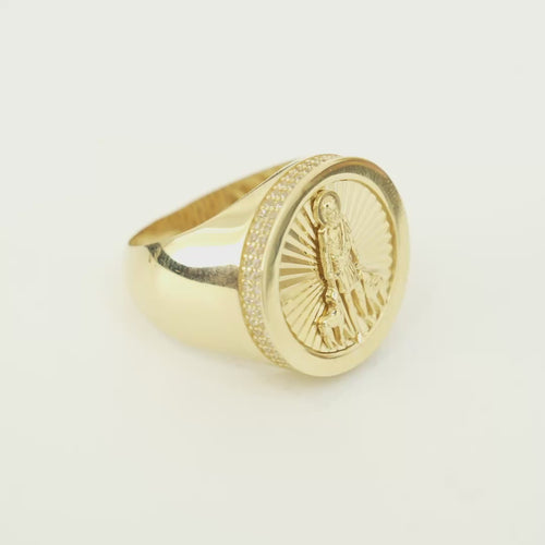 14KT Gold Ring Men's Round St. Lazarus Plain Border Coin with Double Row of White CZ Stones Sides
