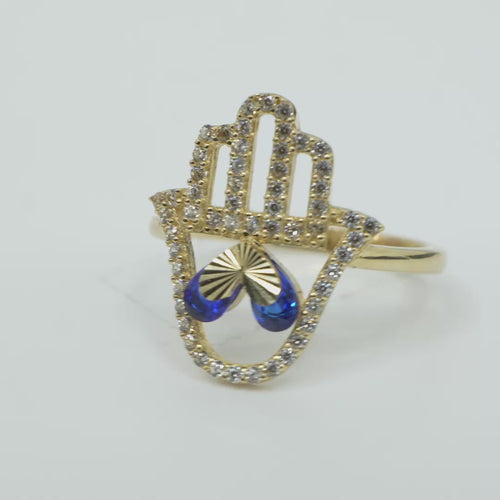 14KT Gold Ring Women's Hand 2 Navy Blue Pear Center CZ Stones with White CZ Stones Borders and Plain Band