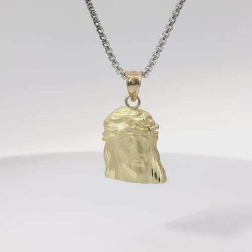 14KT Gold Charm Small Right Facing Jesus Head with Thorn Crown and Plain Bell