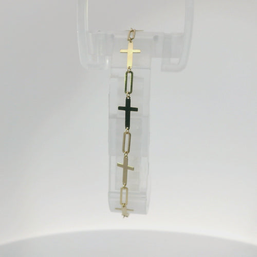 14KT Gold Bracelet Alternating Plain Paperclip Link Cross