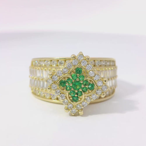 14KT Gold Ring Women's Eight Prong Square Green Clover Cluster CZ Stones with Plain Outline and White CZ Stones Border and Double Row Baguette Band Center with Round White CZ Borders
