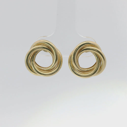 14KT Gold Earrings Medium Round Two Strand Open Center Interlocking Plain Rings with Push Back Post and Butterfly Backs