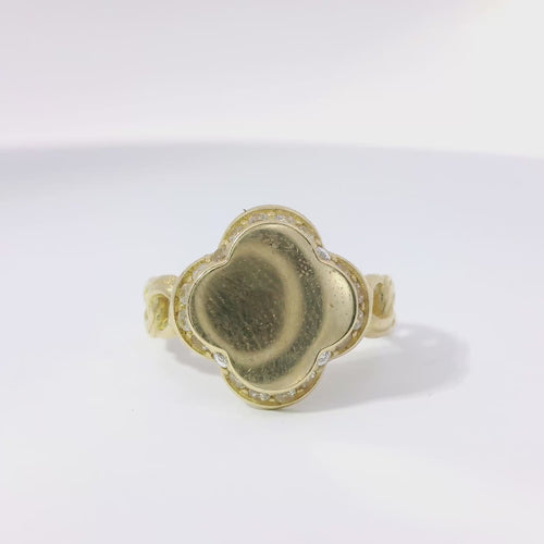 14KT Gold Ring Women's Engravable Clover Center with White CZ Stones Edge and Chino Link Band