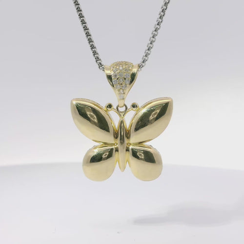 14KT Gold Charm Medium 3D Puff Butterfly with Flat Back White CZ Stones Edge and Bell