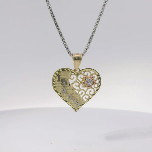 14KT Gold Charm Jumbo Tri Tone Flat "15 Anos" Heart with White CZ Stone Right Side Flower and Plain Bell