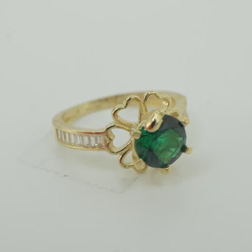 14KT Gold Ring Women's Round Dark Green CZ Center Stone Open Flower Heart Petals with White CZ Baguette Stone Band