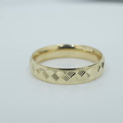 14KT Gold Ring Unisex Solid Domed Parquet Print Plain Border Band 5mm