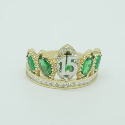 14KT Gold Ring Women's "15" Quinceanera Crown Dark Green CZ Stones with White Square CZ Stones Band Plain Shank