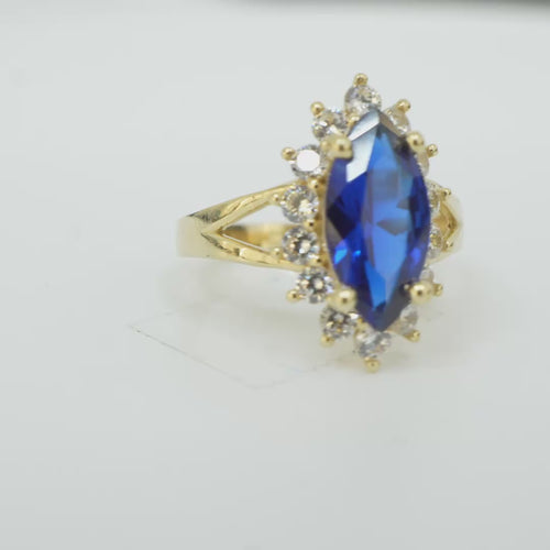 14KT Women's Gold Ring Jumbo Navy Blue Marquise Center CZ with Round White CZ Stones Border and Plain Split Band