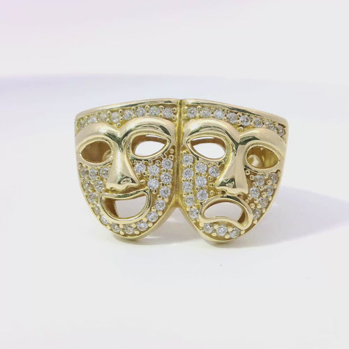 14KT Gold Ring Women's White CZ Stones "Laugh Now Cry Later" Masks with Plain Band