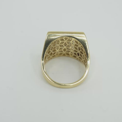 14KT Gold Ring Men's Rectangle Raised Two Tone St. Jude Center with White CZ Stones Background Plain Border White CZ Stone Frame Border Praying Hands Oval on Each Side
