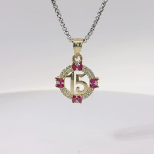 14KT Gold Charm Small Round Quinceanera "15" Center with Double White CZ Stone Outline Double Dark Pink Pear Cardinal Direction and Plain Bell