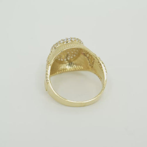 14KT Gold Ring Men's Oval White CZ Stone Raised Platform with White CZ Stone Edge Shank Etched Stripes White CZ Stone Triangle Shape and White CZ Stone Border