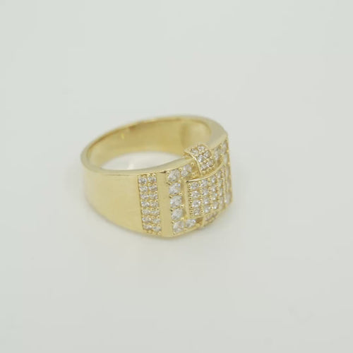 14KT Gold Ring Men's Raised Curved Square of 20 White CZ Stones with Double Row White CZ Stone Belt Through Curved Square and Single White CZ Stones Border and Double Row of White CZ Stones on Band