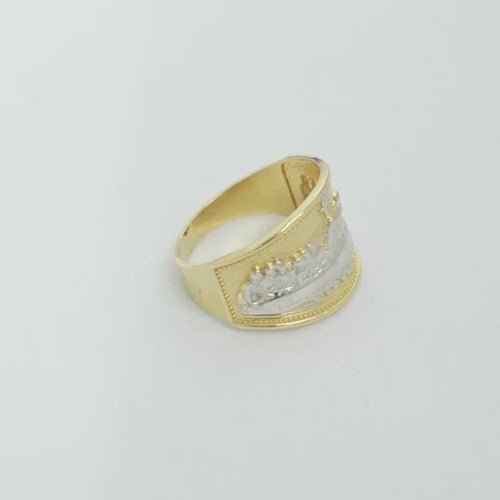 14KT Gold Ring Men's Two Tone Last Supper Horizontal Stripe Background Dotted Border Side Design Plain