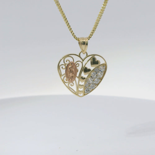 14KT Gold Charm Medium Tri Tone Virgin Mary Heart with Plain Heart Center and Seven White CZ Stones Right Side and Plain Bell