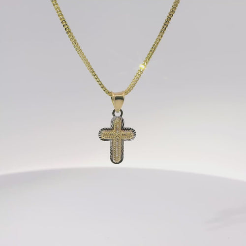 14KT Gold Charm Extra Small White CZ Stone Cross Center with White Gold Plain Rounded Sunray Ends Border and Plain Bell